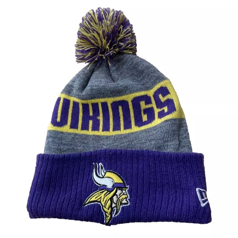NFL Vikings New Era Beanie Adult Winter Snow Hat Purple Gray Yellow Knit Cap - Picture 1 of 10